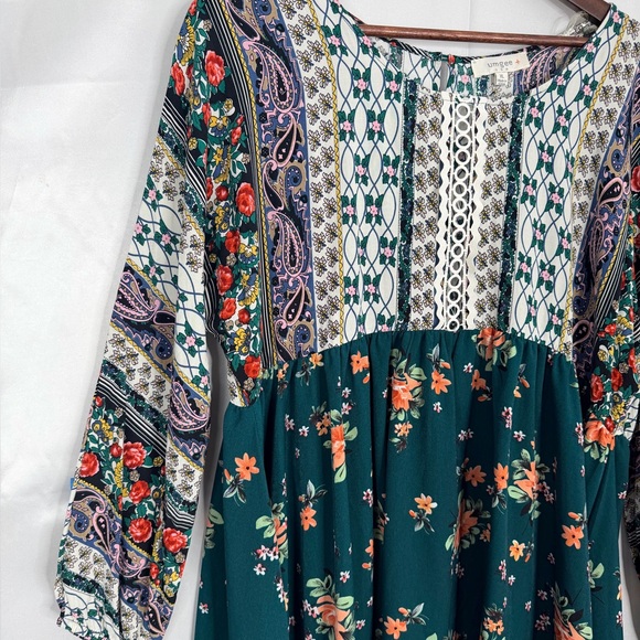 Umgee Boho Floral Babydoll Dress XL Bishop Sleeve Rayon Contrast - Picture 4 of 9